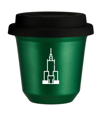 Kubek 150 ml ZIELONY METALIC "Pałac kultury i nauki (biały)", z czarną pokrywką Kubek 150 ml ZIELONY METALIC "Pałac kultury i nauki (biały)", z czarną pokrywką