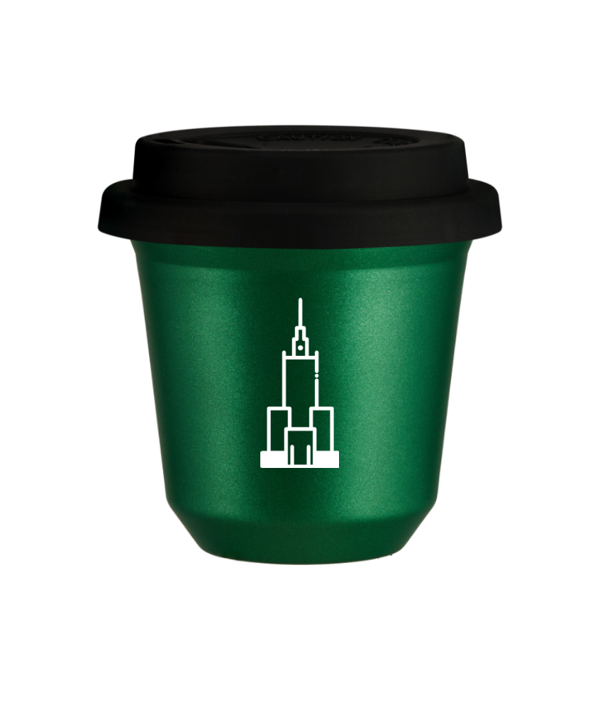 Kubek 150 ml ZIELONY METALIC "Pałac kultury i nauki (biały)", z czarną pokrywką