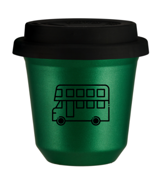Kubek 150 ml ZIELONY METALIC "Autobus (czarny)", z czarną pokrywką Kubek 150 ml ZIELONY METALIC "Autobus (czarny)", z czarną pokrywką