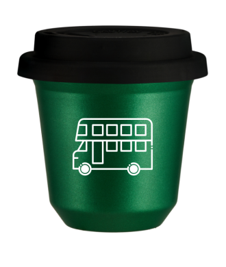 Kubek 150 ml ZIELONY METALIC "Autobus (biały)", z czarną pokrywką Kubek 150 ml ZIELONY METALIC "Autobus (biały)", z czarną pokrywką