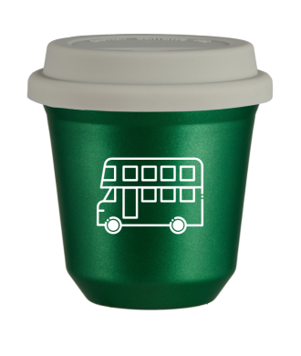 Kubek 150 ml ZIELONY METALIC "Autobus (biały)", z białą pokrywką Kubek 150 ml ZIELONY METALIC "Autobus (biały)", z białą pokrywką