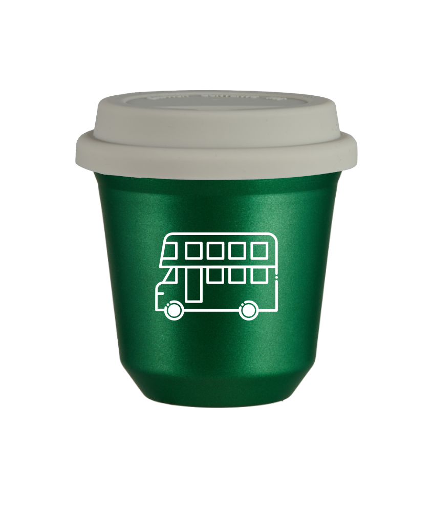 Kubek 150 ml ZIELONY METALIC "Autobus (biały)", z białą pokrywką