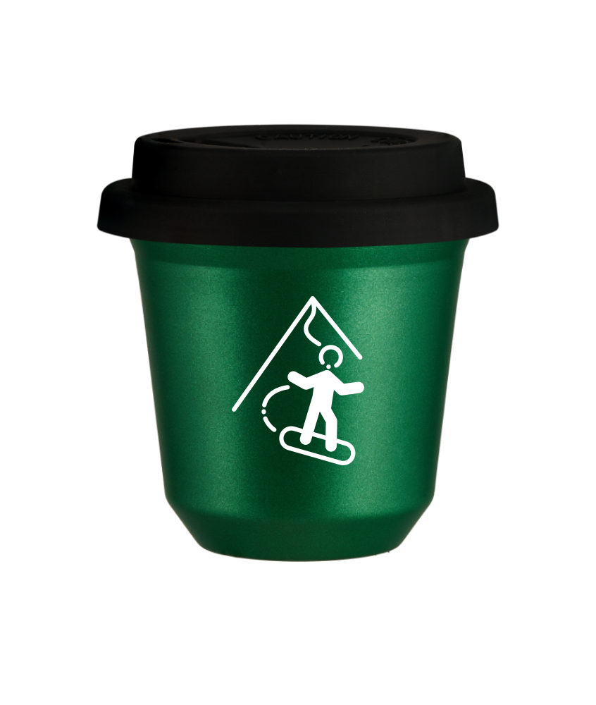 Kubek 150 ml ZIELONY METALIC "Snowboard (biały)", z czarną pokrywką