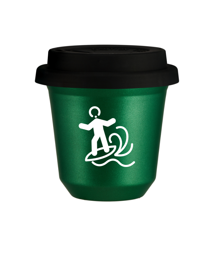 Kubek 150 ml ZIELONY METALIC "Windsurfing (biały)", z czarną pokrywką