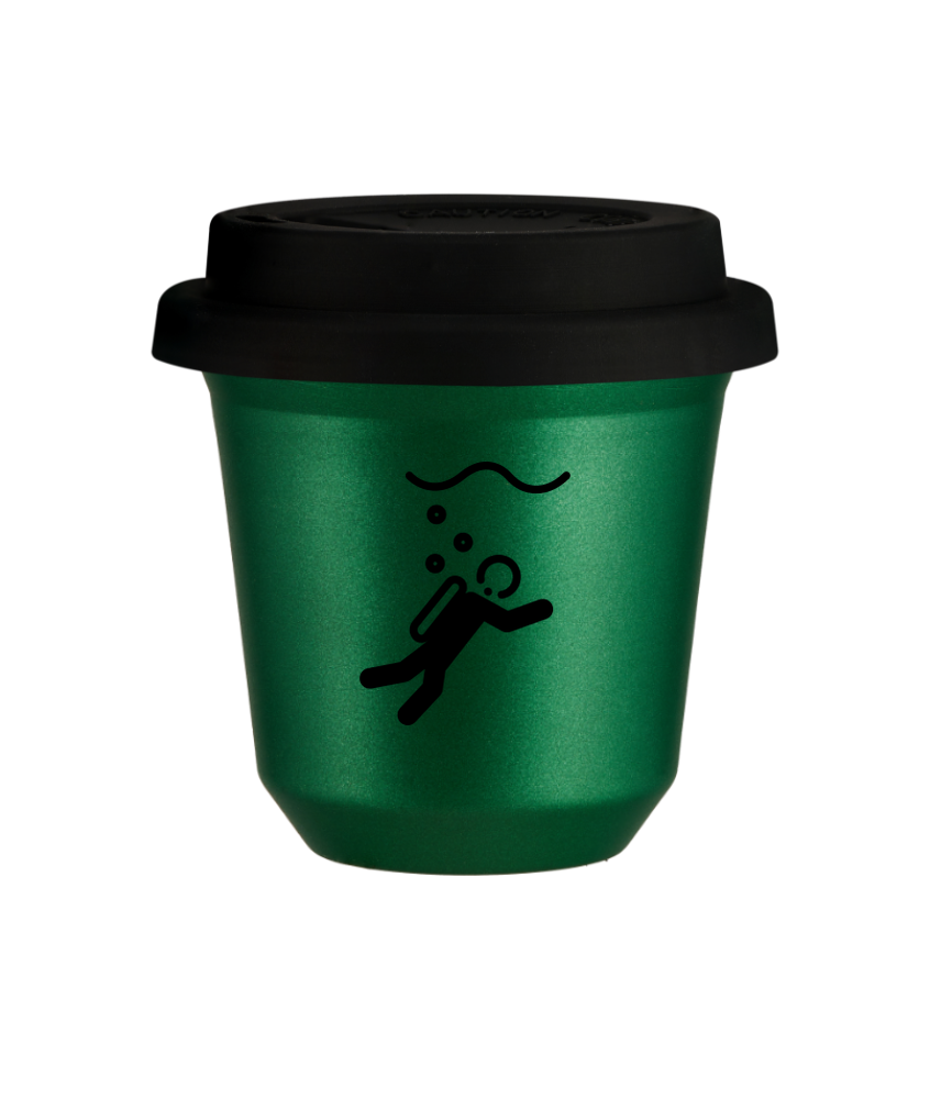 Kubek 150 ml ZIELONY METALIC "Nurkowanie", z czarną pokrywką