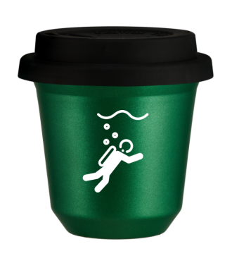 Kubek 150 ml ZIELONY METALIC "Nurkowanie (biały)", z czarną pokrywką Kubek 150 ml ZIELONY METALIC "Nurkowanie (biały)", z czarną pokrywką