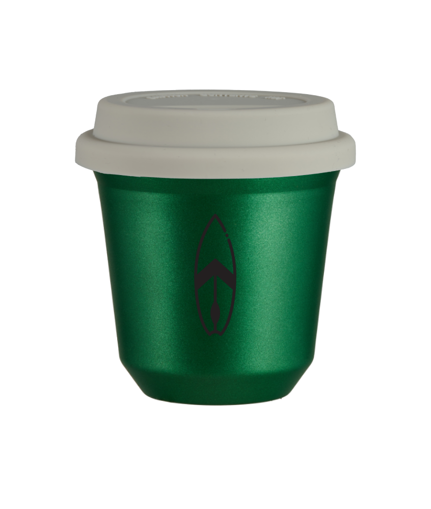 Kubek 150 ml ZIELONY METALIC "Deska (czarny)", z białą pokrywką
