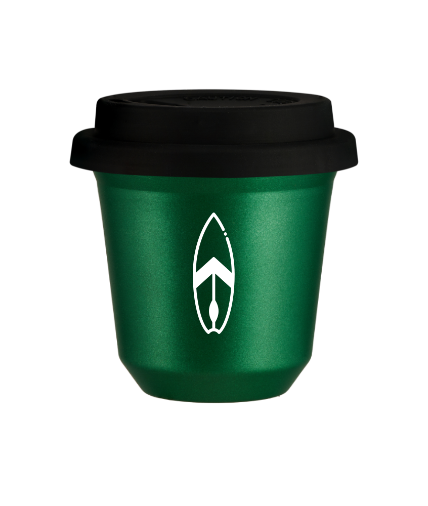 Kubek 150 ml ZIELONY METALIC "Deska (biały)", z czarną pokrywką