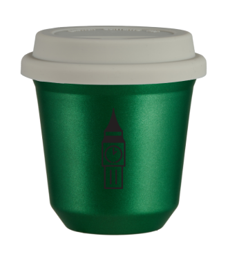 Kubek 150 ml ZIELONY METALIC "BIG BEN (czarny)", z białą pokrywką Kubek 150 ml ZIELONY METALIC "BIG BEN (czarny)", z białą pokrywką