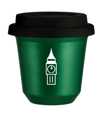 Kubek 150 ml ZIELONY METALIC "BIG BEN (biały)", z czarną pokrywką Kubek 150 ml ZIELONY METALIC "BIG BEN (biały)", z czarną pokrywką