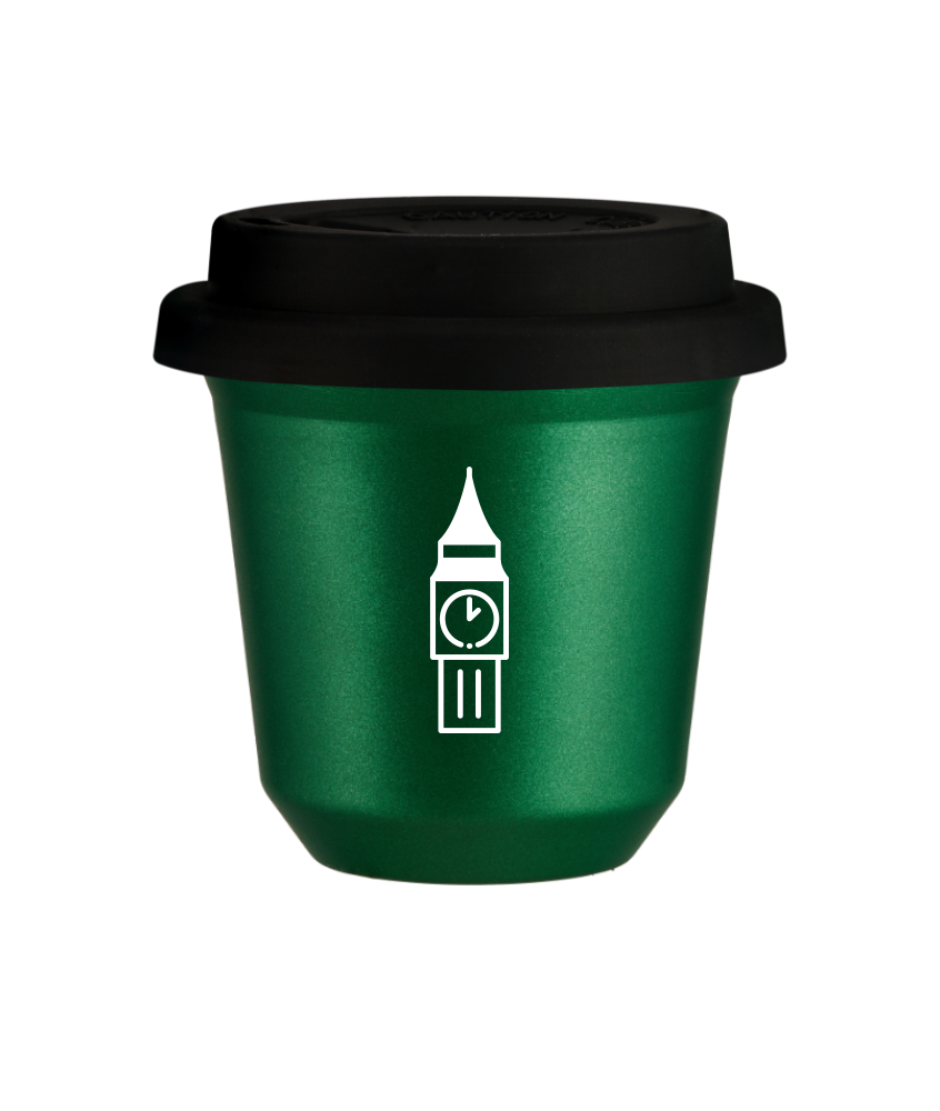 Kubek 150 ml ZIELONY METALIC "BIG BEN (biały)", z czarną pokrywką