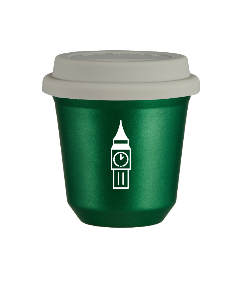 Kubek 150 ml ZIELONY METALIC "BIG BEN (biały)", z białą pokrywką