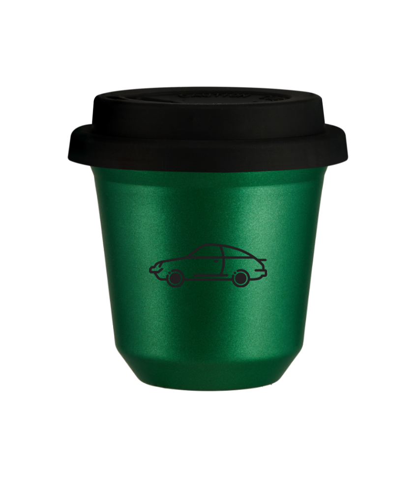 Kubek 150 ml ZIELONY METALIC "Samochód (czarny)", z czarną pokrywką