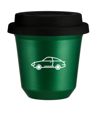 Kubek 150 ml ZIELONY METALIC "Samochód (biały)", z czarną pokrywką Kubek 150 ml ZIELONY METALIC "Samochód (biały)", z czarną pokrywką