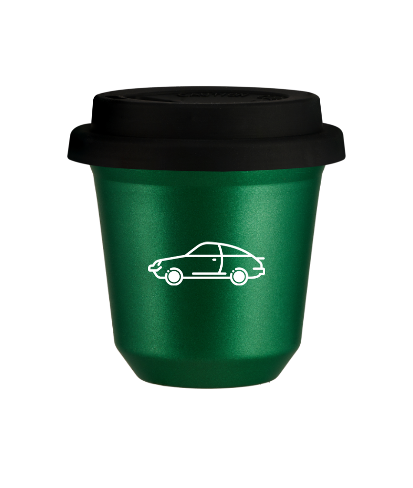 Kubek 150 ml ZIELONY METALIC "Samochód (biały)", z czarną pokrywką