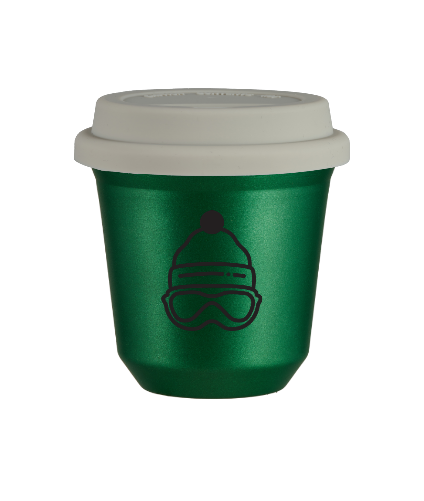 Kubek 150 ml ZIELONY METALIC "Czapka", z białą pokrywką