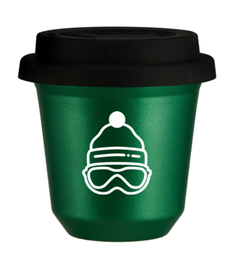 Kubek 150 ml ZIELONY METALIC "Czapka (biały)", z czarną pokrywką Kubek 150 ml ZIELONY METALIC "Czapka (biały)", z czarną pokrywką