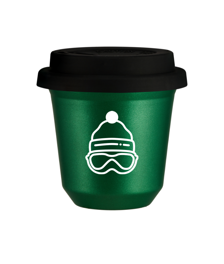 Kubek 150 ml ZIELONY METALIC "Czapka (biały)", z czarną pokrywką