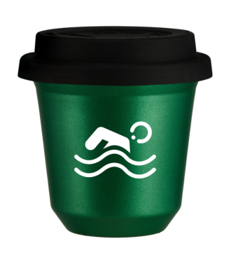 Kubek 150 ml ZIELONY METALIC "Pływanie (biały)", z czarną pokrywką Kubek 150 ml ZIELONY METALIC "Pływanie (biały)", z czarną pokrywką
