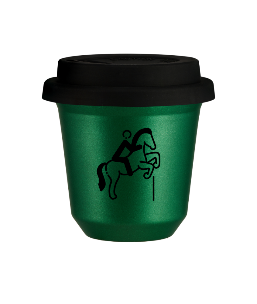 Kubek 150 ml ZIELONY METALIC "Jeździectwo 1", z czarną pokrywką
