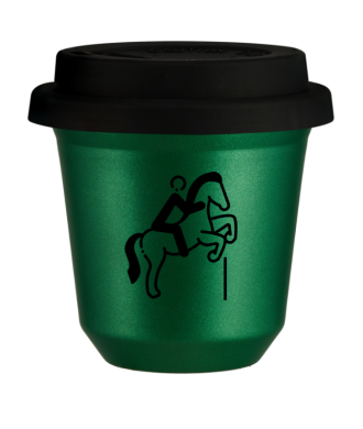 Kubek 150 ml ZIELONY METALIC "Jeździectwo 1 (czarny)", z czarną pokrywką Kubek 150 ml ZIELONY METALIC "Jeździectwo 1 (czarny)", z czarną pokrywką