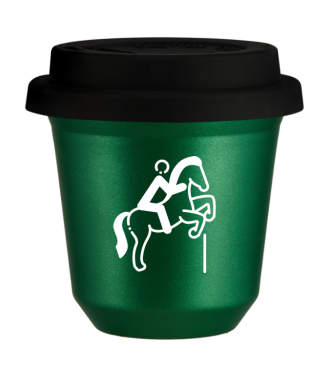 Kubek 150 ml ZIELONY METALIC "Jeździectwo 1 (biały)", z czarną pokrywką Kubek 150 ml ZIELONY METALIC "Jeździectwo 1 (biały)", z czarną pokrywką