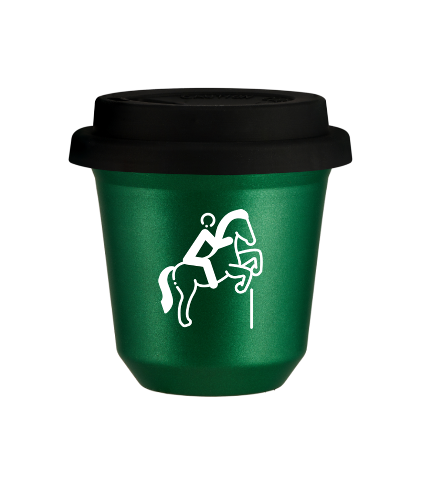 Kubek 150 ml ZIELONY METALIC "Jeździectwo 1 (biały)", z czarną pokrywką