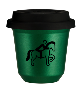 Kubek 150 ml ZIELONY METALIC "Jeździectwo 2", z czarną pokrywką Kubek 150 ml ZIELONY METALIC "Jeździectwo 2", z czarną pokrywką
