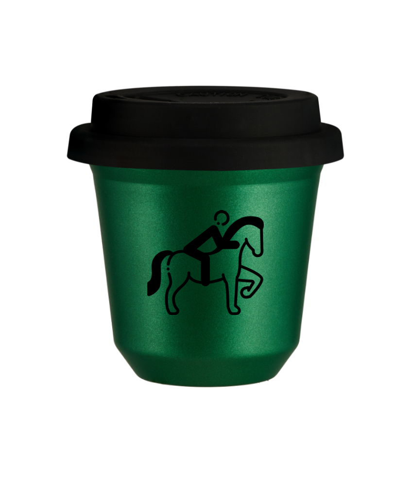 Kubek 150 ml ZIELONY METALIC "Jeździectwo 2 (czarny)", z czarną pokrywką