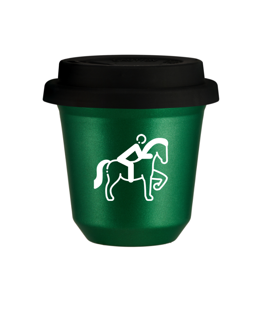 Kubek 150 ml ZIELONY METALIC "Jeździectwo 2 (biały)", z czarną pokrywką