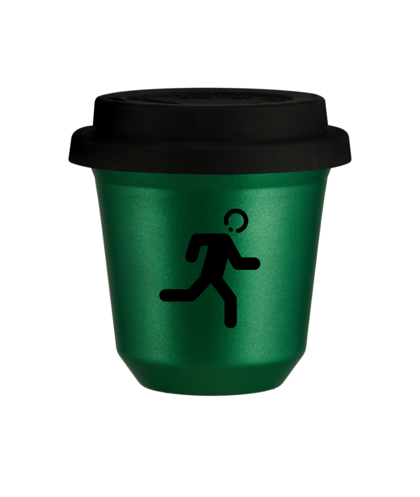 Kubek 150 ml ZIELONY METALIC "Biegacz (czarny)", z czarną pokrywką