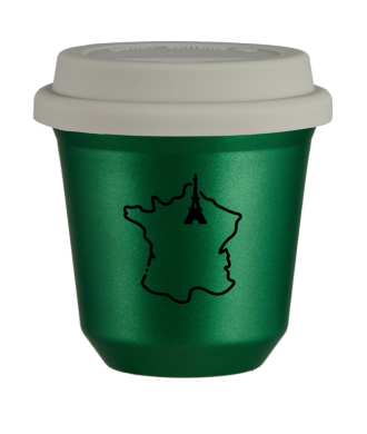 Kubek 150 ml ZIELONY METALIC "Francja (czarny)", z białą pokrywką Kubek 150 ml ZIELONY METALIC "Francja (czarny)", z białą pokrywką