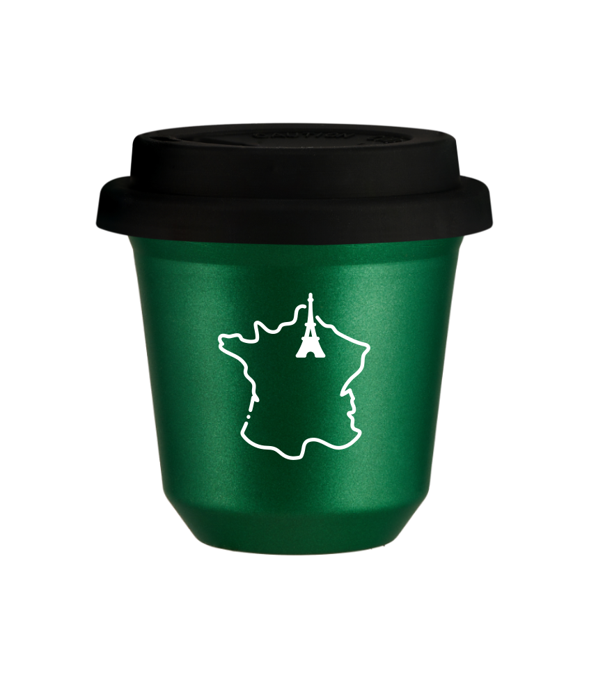 Kubek 150 ml ZIELONY METALIC "Francja (biały)", z czarną pokrywką