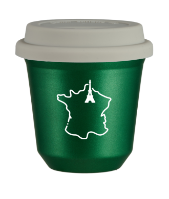 Kubek 150 ml ZIELONY METALIC "Francja (biały)", z białą pokrywką Kubek 150 ml ZIELONY METALIC "Francja (biały)", z białą pokrywką