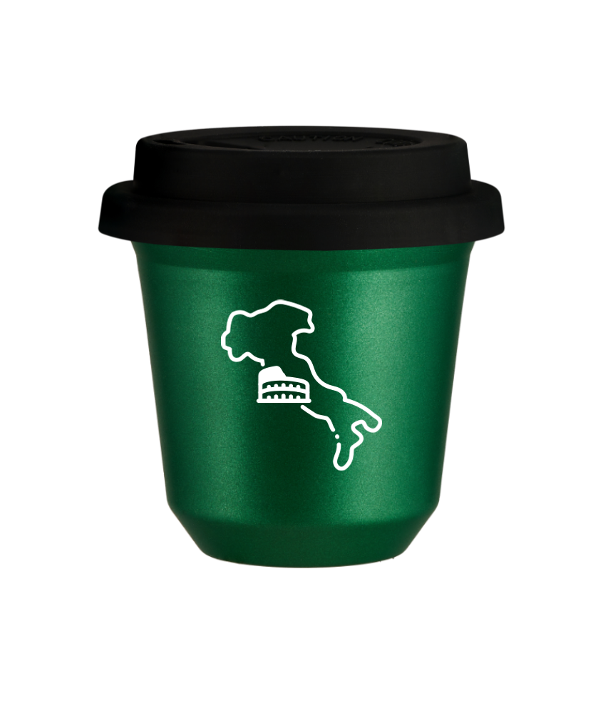 Kubek 150 ml ZIELONY METALIC "Włochy (biały)", z czarną pokrywką