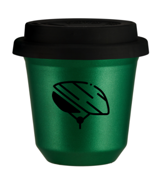 Kubek 150 ml ZIELONY METALIC "Kask (czarny)", z czarną pokrywką Kubek 150 ml ZIELONY METALIC "Kask (czarny)", z czarną pokrywką
