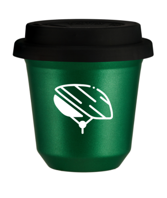 Kubek 150 ml ZIELONY METALIC "Kask (biały)", z czarną pokrywką Kubek 150 ml ZIELONY METALIC "Kask (biały)", z czarną pokrywką