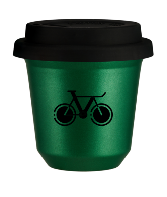 Kubek 150 ml ZIELONY METALIC "Rower 1", z czarną pokrywką Kubek 150 ml ZIELONY METALIC "Rower 1", z czarną pokrywką