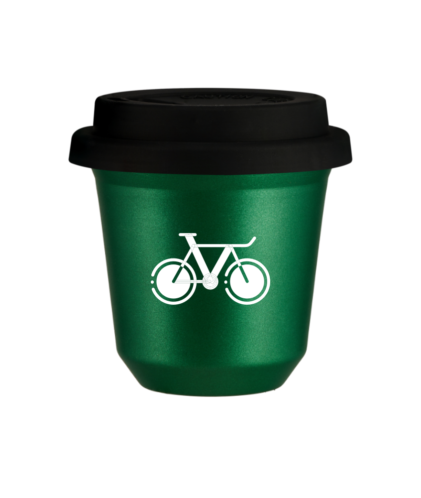 Kubek 150 ml ZIELONY METALIC "Rower 1 (biały)", z czarną pokrywką