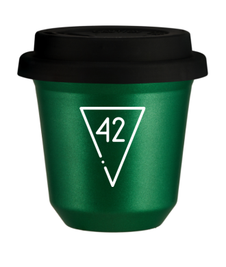 Kubek 150 ml ZIELONY METALIC "42 (biały)", z czarną pokrywką Kubek 150 ml ZIELONY METALIC "42 (biały)", z czarną pokrywką