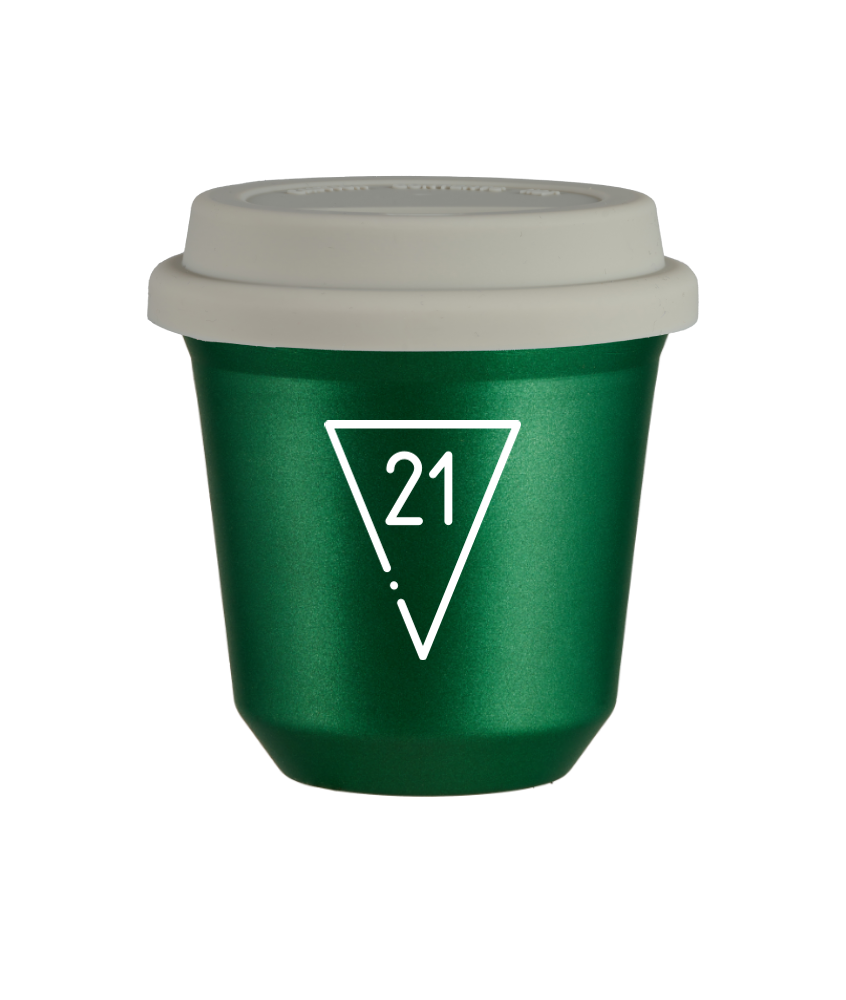 Kubek 150 ml ZIELONY METALIC "21 (biały)", z białą pokrywką