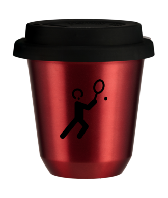 Kubek 150 ml CZERWONY METALIC "Tenis 1 (czarny)", z czarną pokrywką Kubek 150 ml CZERWONY METALIC "Tenis 1 (czarny)", z czarną pokrywką