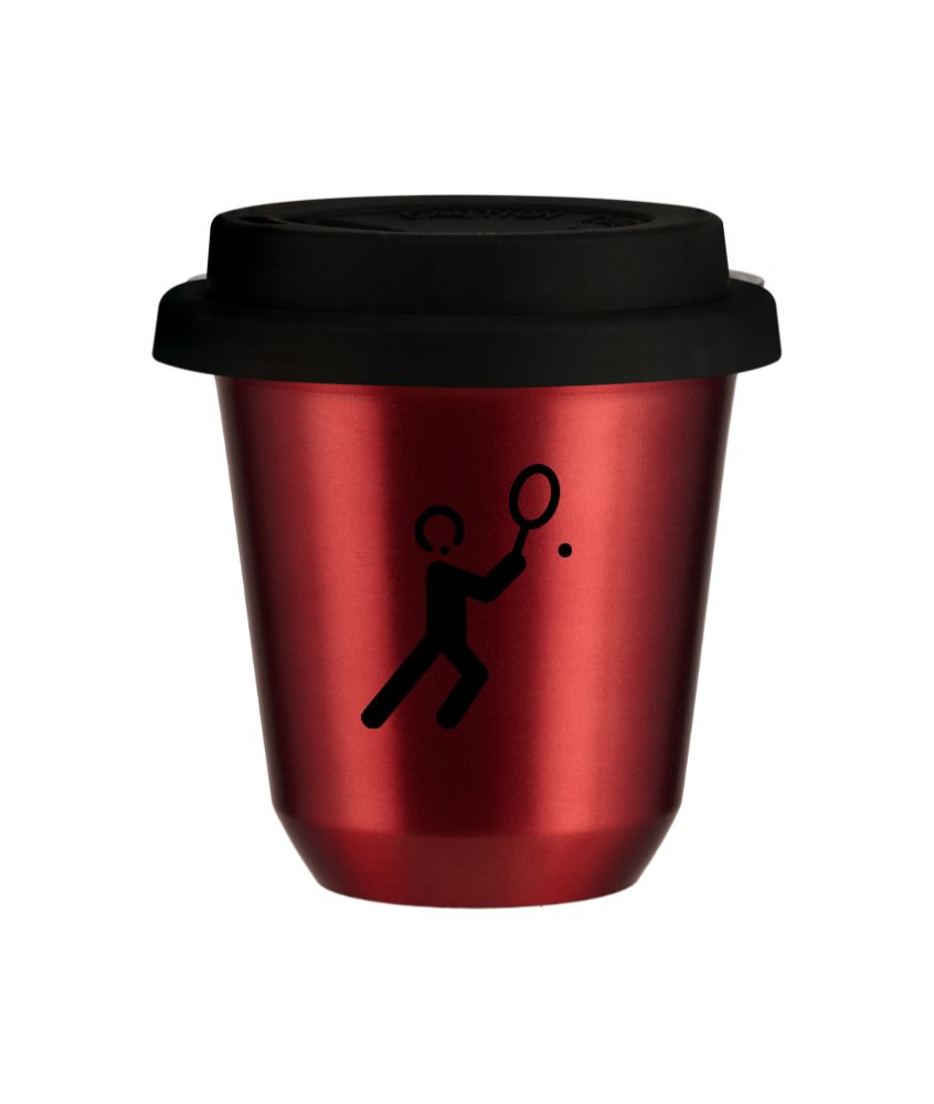 Kubek 150 ml CZERWONY METALIC "Tenis 1 (czarny)", z czarną pokrywką