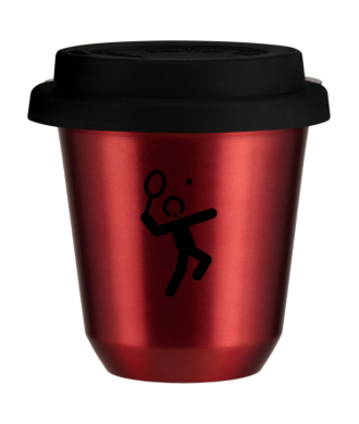 Kubek 150 ml CZERWONY METALIC "Tenis 2 (czarny)", z czarną pokrywką Kubek 150 ml CZERWONY METALIC "Tenis 2 (czarny)", z czarną pokrywką