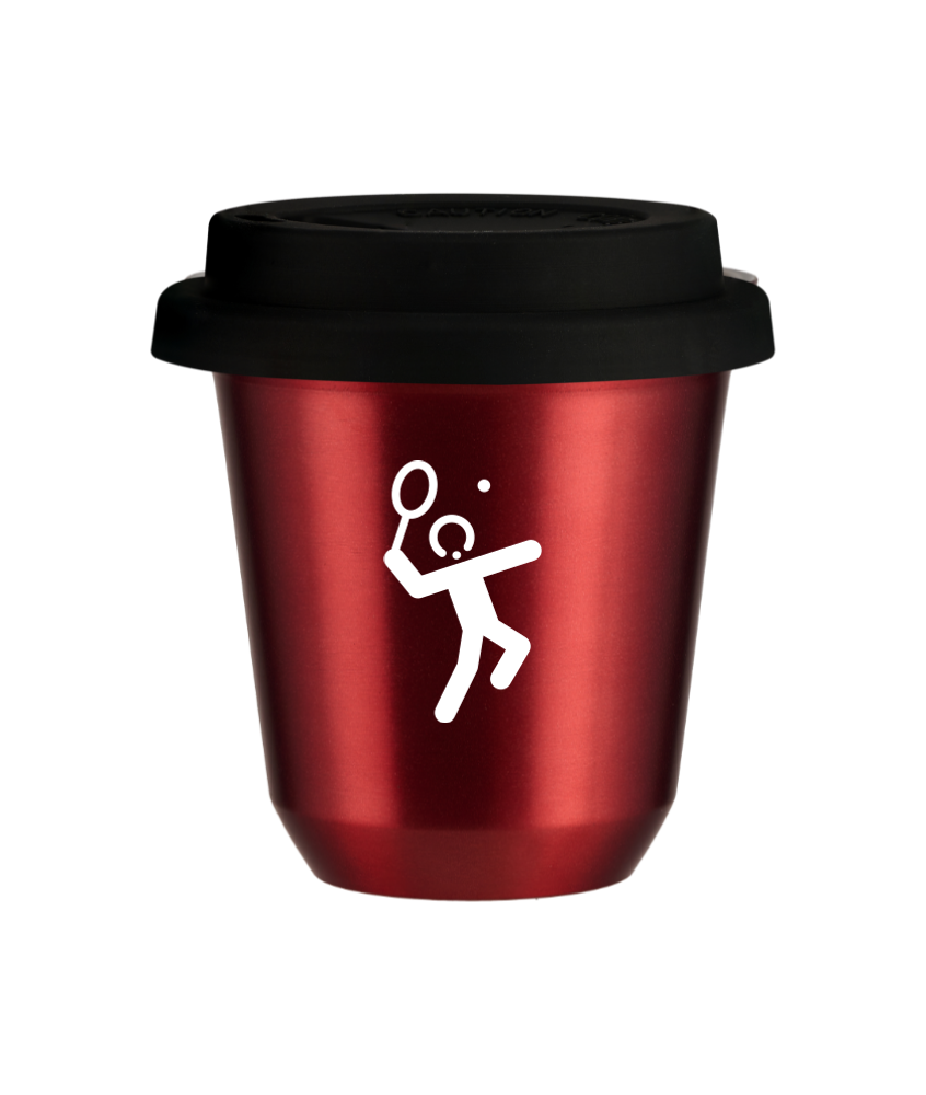 Kubek 150 ml CZERWONY METALIC "Tenis 2 (biały)", z czarną pokrywką