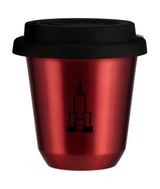 Kubek 150 ml CZERWONY METALIC "Pałac kultury i nauki", z czarną pokrywką Kubek 150 ml CZERWONY METALIC "Pałac kultury i nauki", z czarną pokrywką