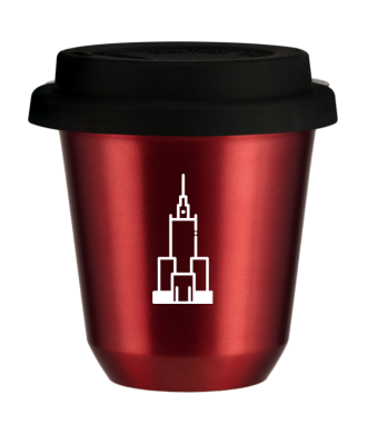 Kubek 150 ml CZERWONY METALIC "Pałac kultury i nauki (biały)", z czarną pokrywką Kubek 150 ml CZERWONY METALIC "Pałac kultury i nauki (biały)", z czarną pokrywką