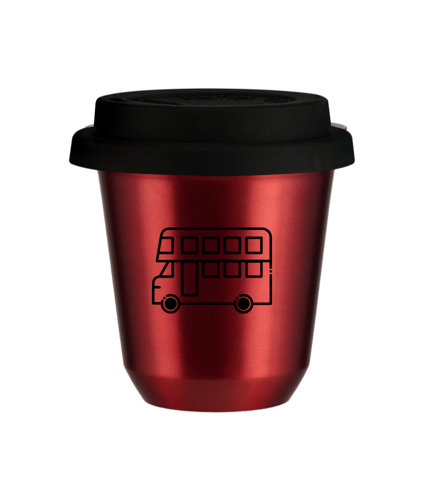 Kubek 150 ml CZERWONY METALIC "Autobus", z czarną pokrywką
