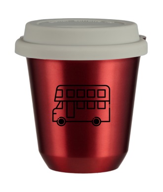 Kubek 150 ml CZERWONY METALIC "Autobus", z białą pokrywką Kubek 150 ml CZERWONY METALIC "Autobus", z białą pokrywką