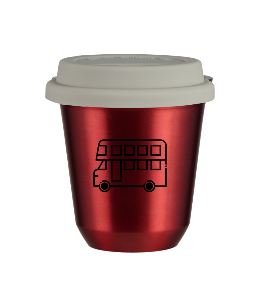 Kubek 150 ml CZERWONY METALIC "Autobus", z białą pokrywką